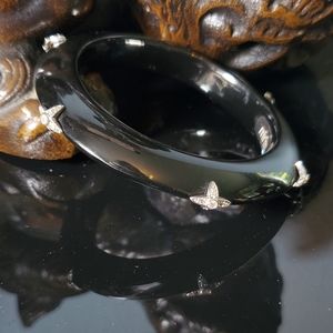Miriam Salat black bangle bracelet with silvertone and crystal stations size S